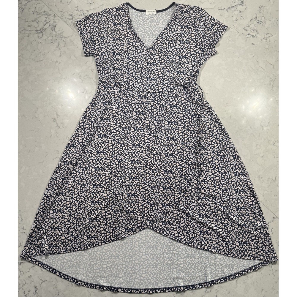 Olivia Grey Dress Womens Large Navy White Wrap‎ Animal Print Floral High Low Hem